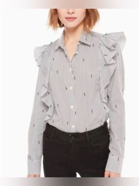 Kate Spade Striped Ruffle Long-Sleeve Button-Up Blouse with Penguins